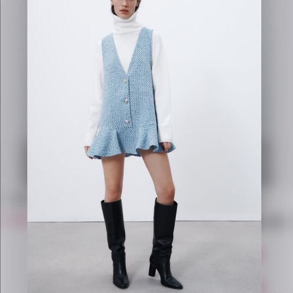 Zara Blue and White TEXTURED RUFFLED PINAFORE DRESS Size Extra Small XS - Picture 8 of 16